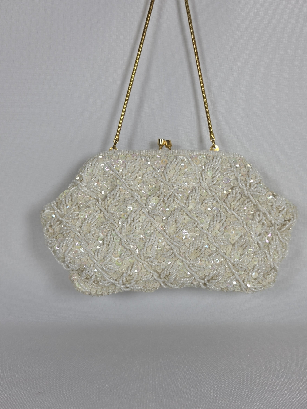 Vintage JEM Hand-Beaded Sequin Evening Bag White Gold Frame Clutch Hong Kong